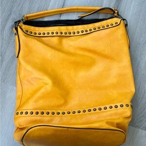 Yellow Stud-Accent Leather Shoulder Bag
